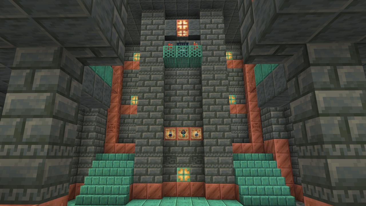 A trial chamber, with some new items in item frames including an ominous key, an ominous bottle, and a splash potion of weaving